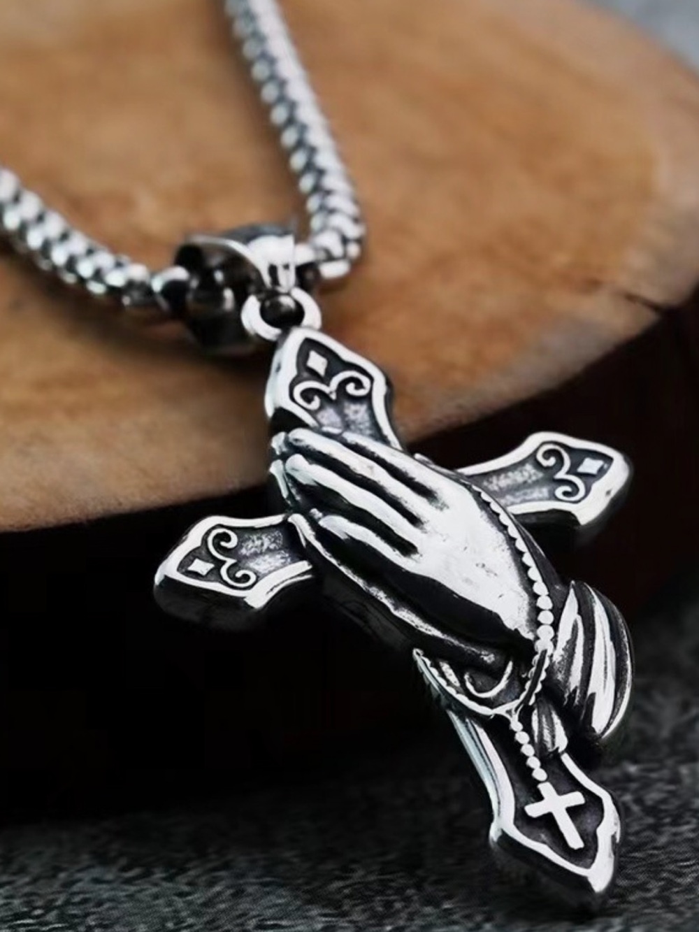 Silver Praying Hands Crucifix Cross Pendant Necklace Stainless Steel